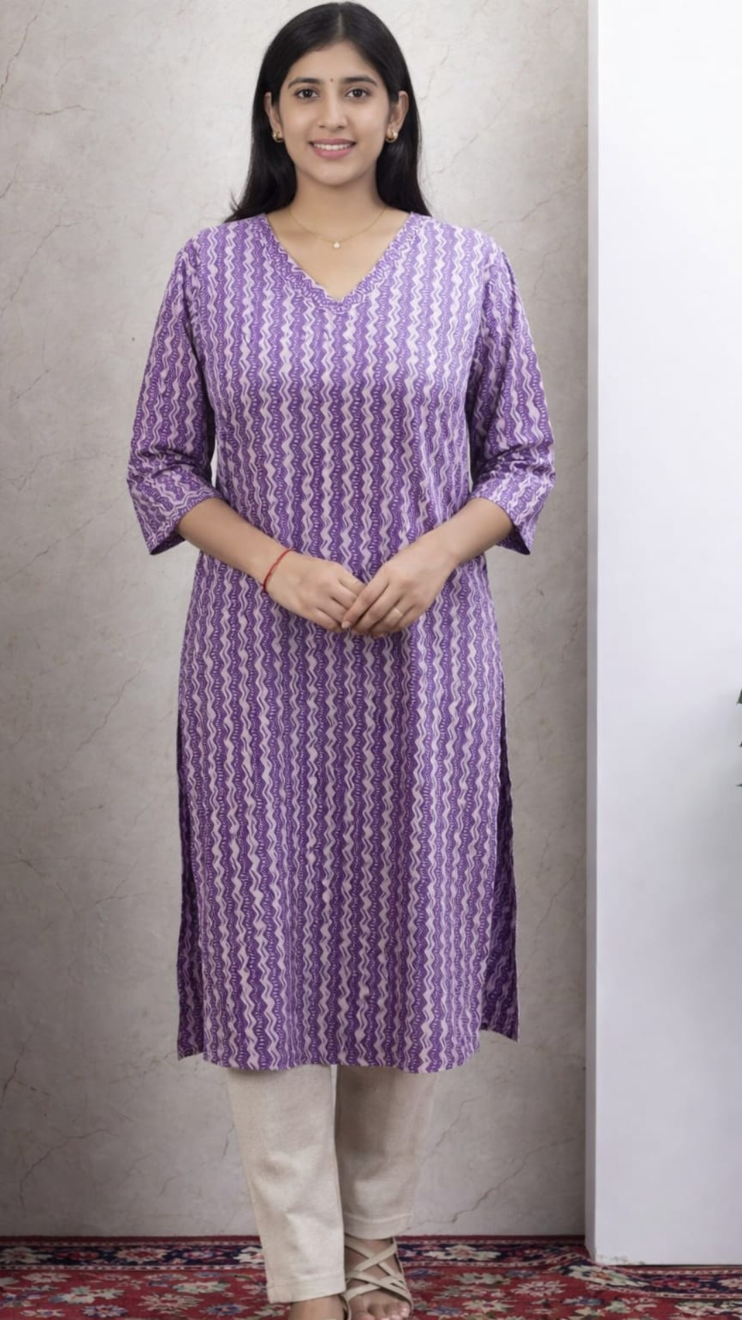 Lavender Printed Cotton Side Slit Kurta (Only Kurta)
