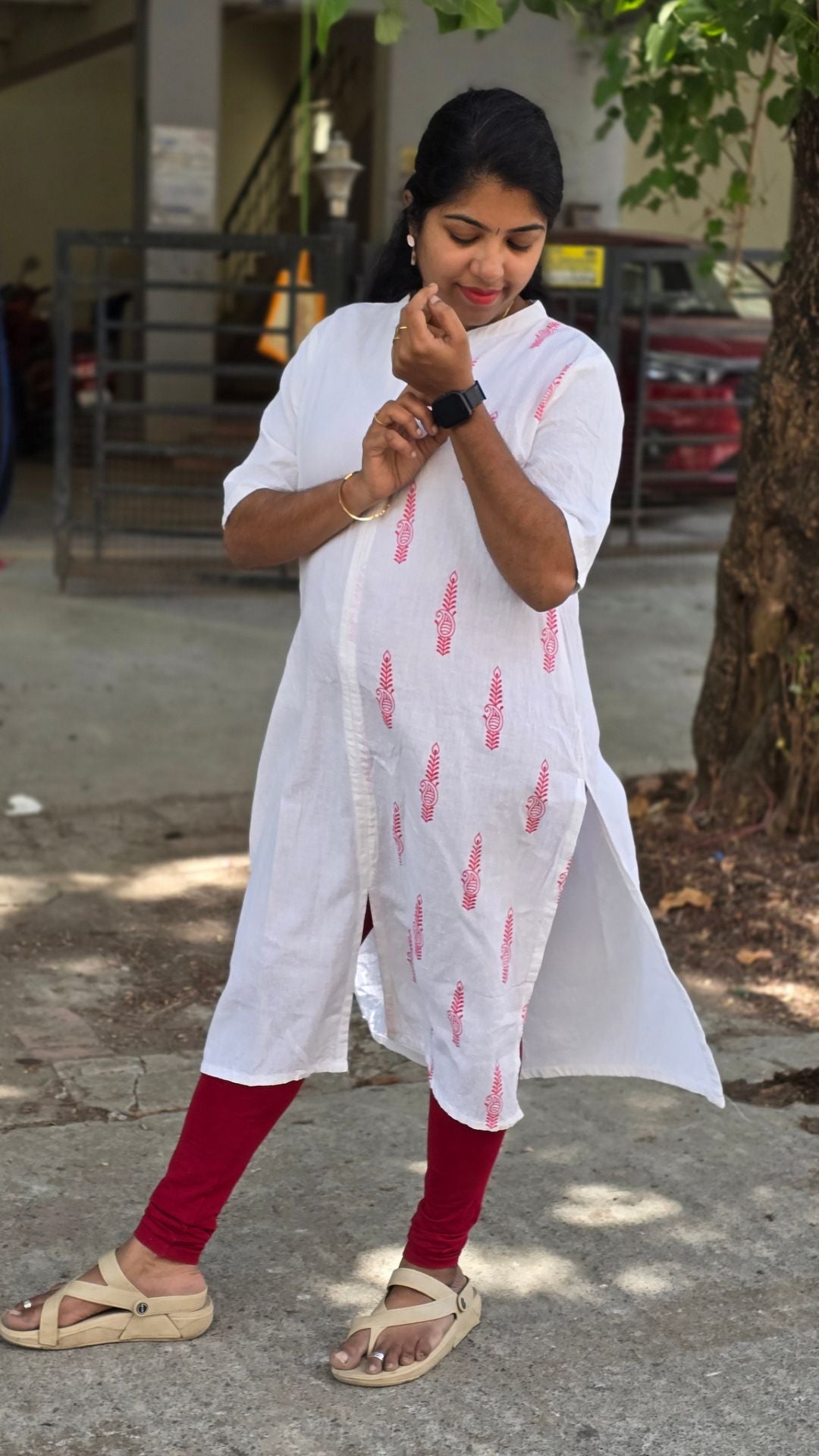 White Cotton Flex Kurti for Women | Half & Half Printed Straight Kurta with Mandarin Collar