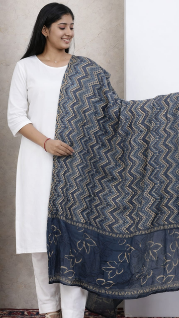 Navy Blue Cotton Printed Dupatta - 2.3 Mtr