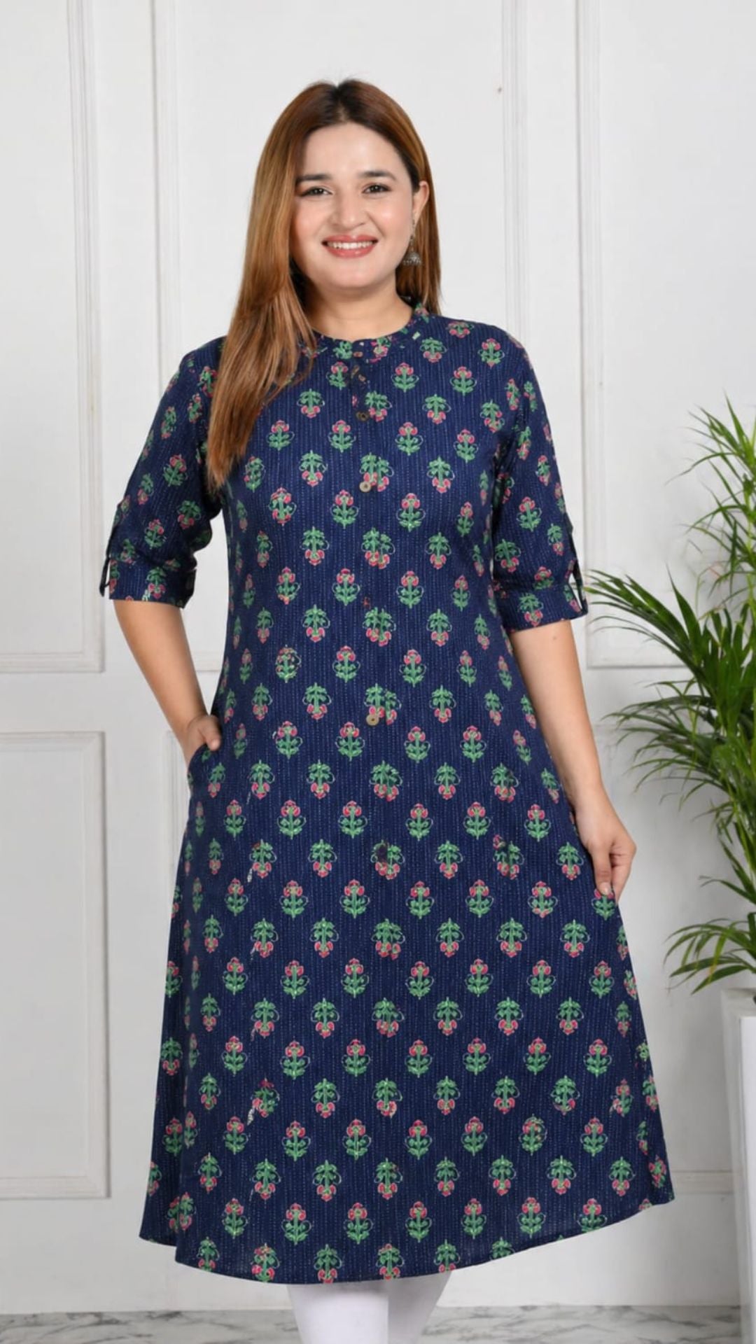 Ink Blue Printed Cotton Princess Cut Side Closed Kurta  (Only Kurta)