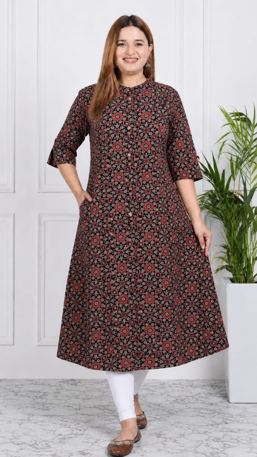 Black Printed Cotton Princess Cut Side Closed Kurta  (Only Kurta)