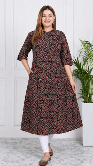 Black Printed Cotton Princess Cut Side Closed Kurta  (Only Kurta)