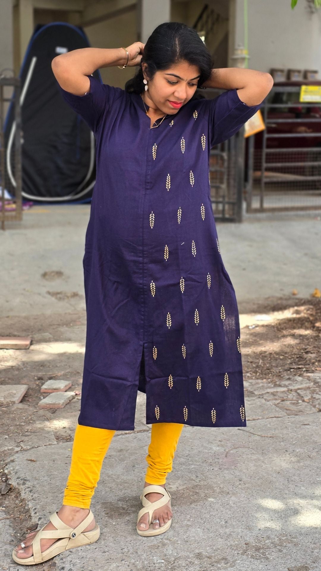 Navy Blue Cotton Flex Kurti for Women | Half & Half Printed Straight Kurta with Mandarin Collar