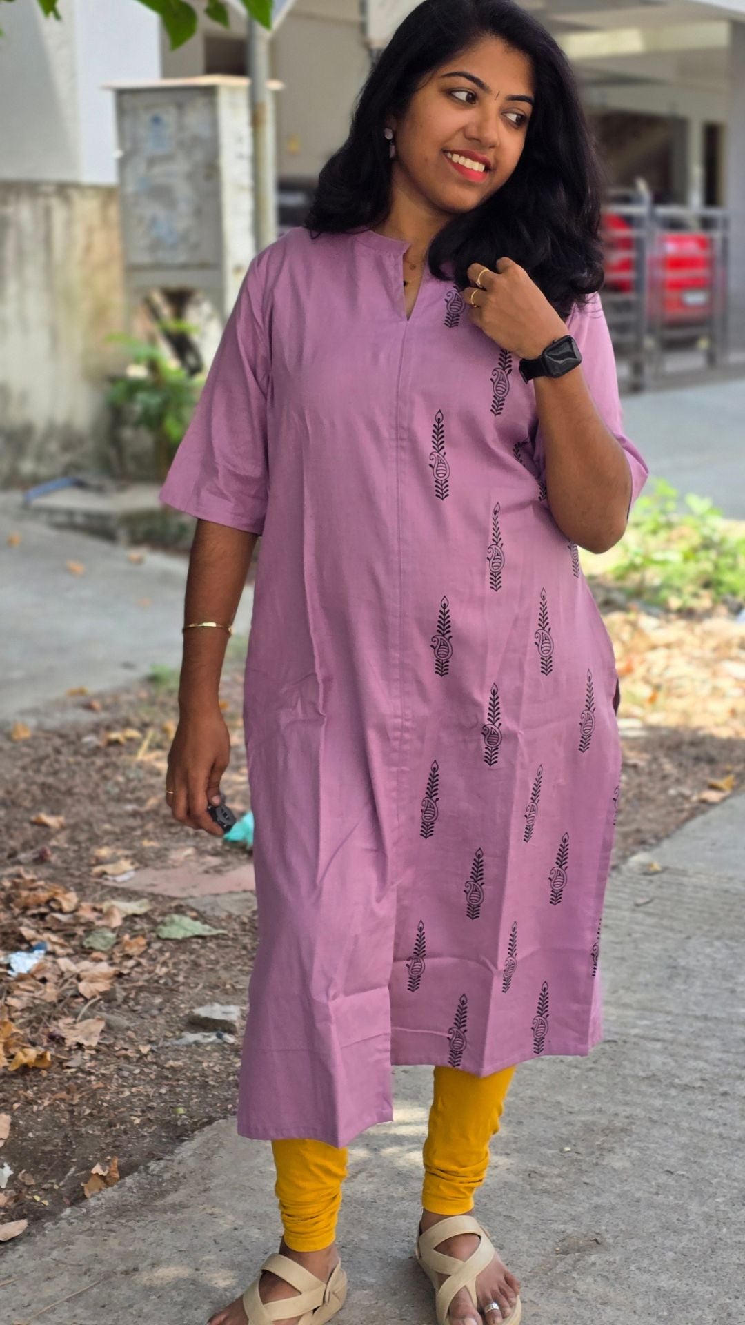 Lavender Cotton Flex Kurti for Women | Half & Half Printed Straight Kurta with Mandarin Collar