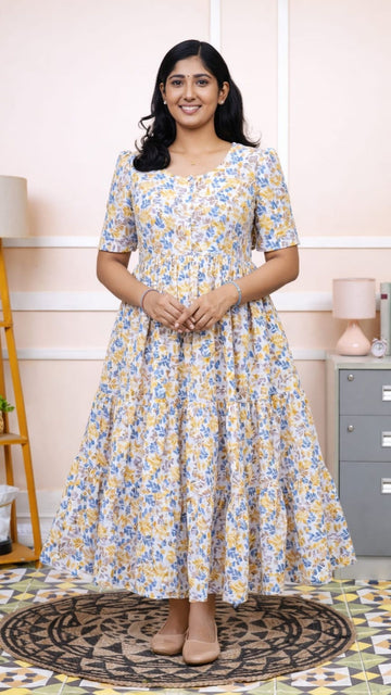 Yellow  Kantha Cotton Three Tier Maxi