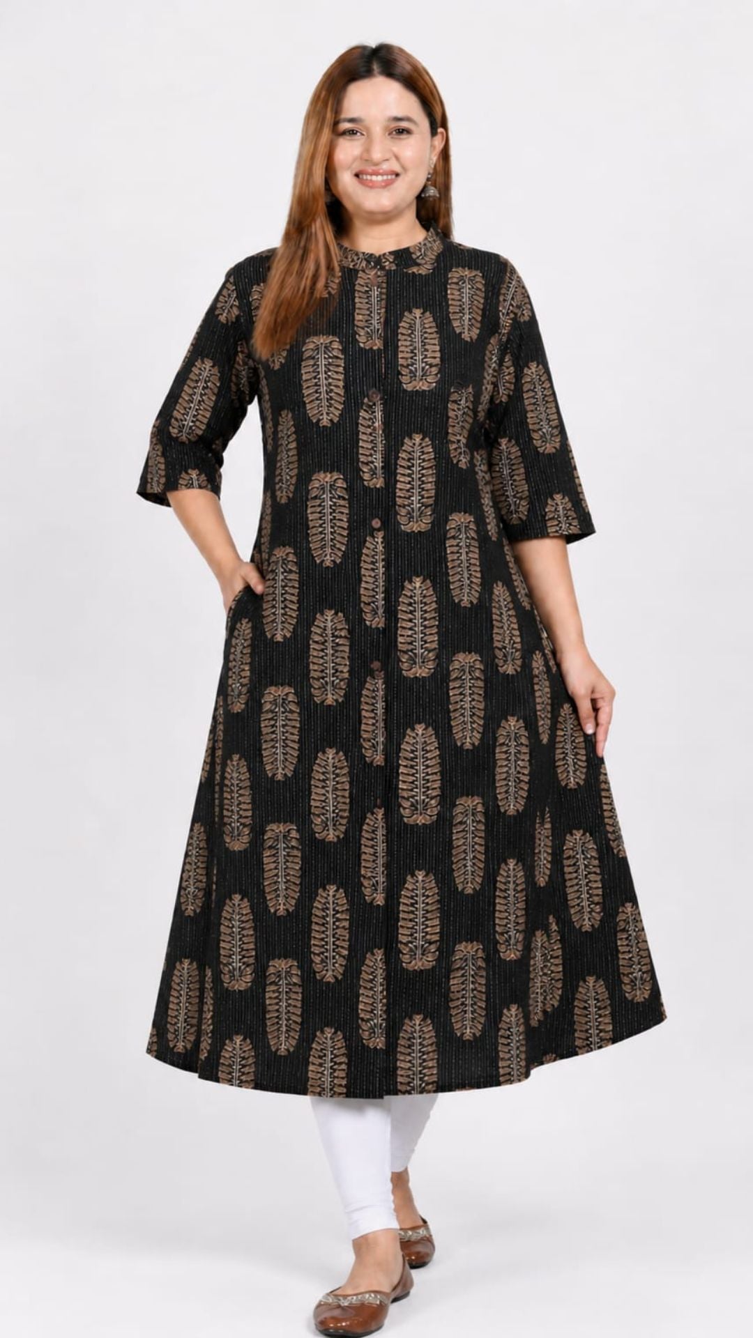 Black Printed Cotton Princess Cut Side Closed Kurta  (Only Kurta)