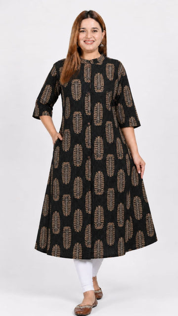 Black Printed Cotton Princess Cut Side Closed Kurta  (Only Kurta)