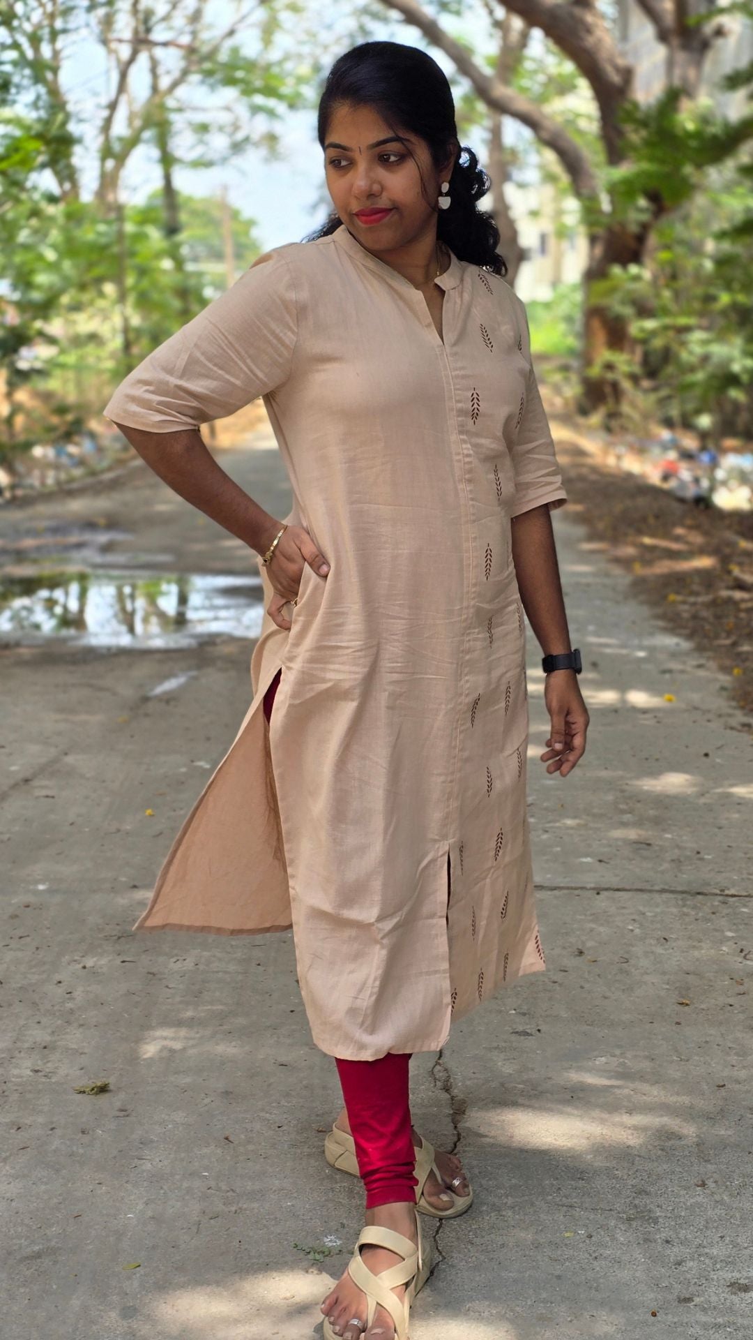 Beige Cotton Flex Kurti for Women | Half & Half Printed Straight Kurta with Mandarin Collar
