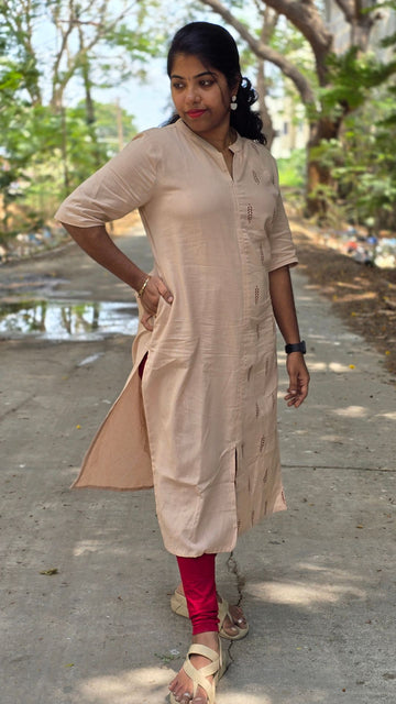 Beige Cotton Flex Kurti for Women | Half & Half Printed Straight Kurta with Mandarin Collar