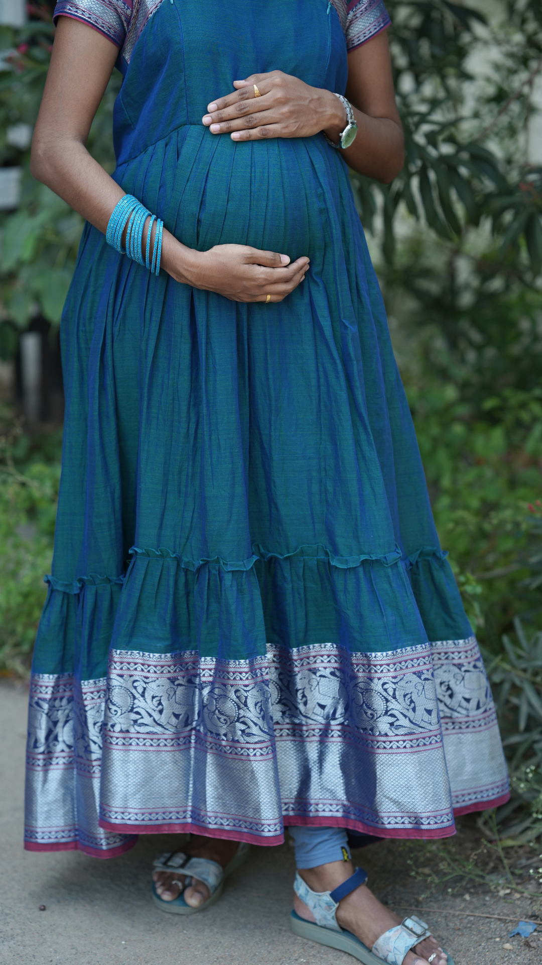 Peacock Blue Narayanpet Maxi with Dupatta - Festive Edit