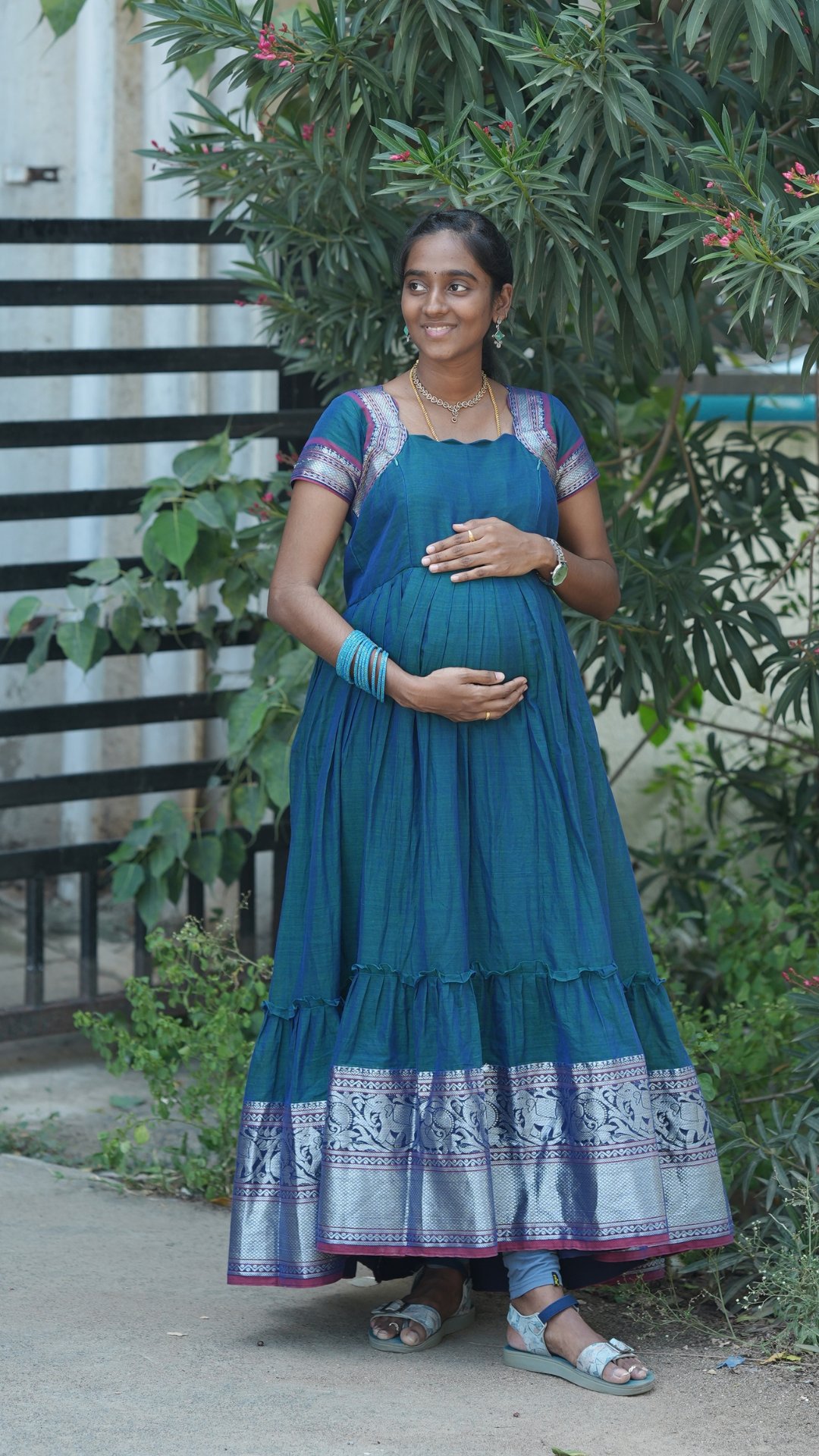 Peacock Blue Narayanpet Maxi with Dupatta - Festive Edit