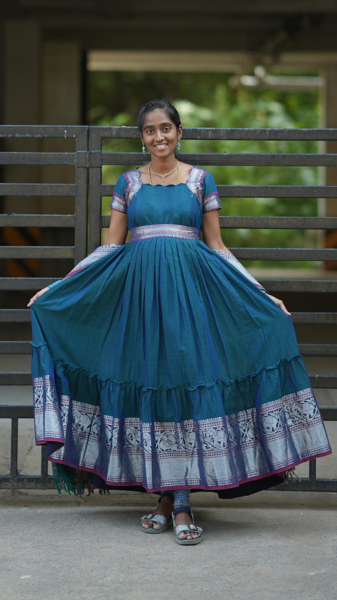 Peacock Blue Narayanpet Maxi with Dupatta - Festive Edit