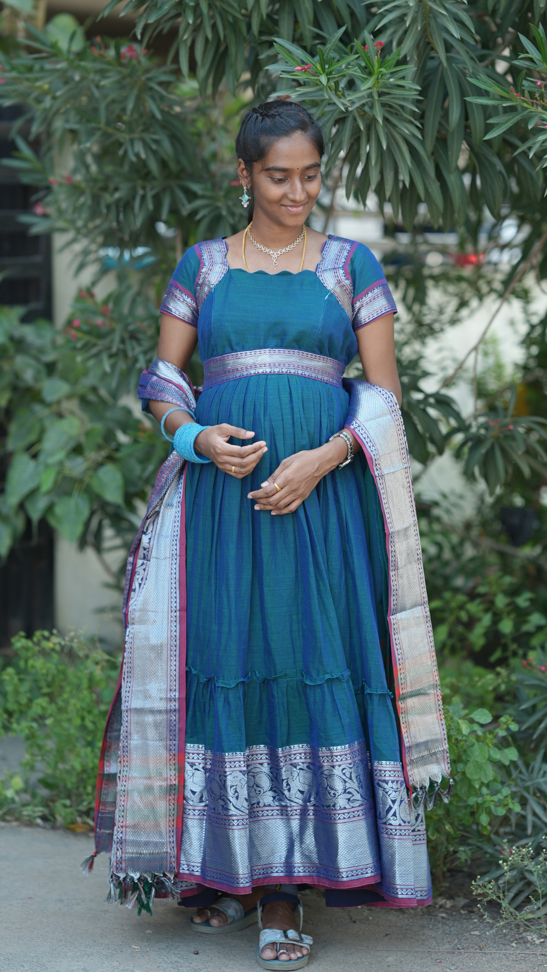Peacock Blue Narayanpet Maxi with Dupatta - Festive Edit