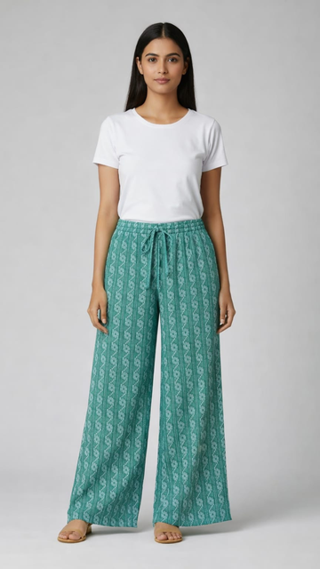 Bottle Green Cotton Printed Free Size Palazzo Pants
