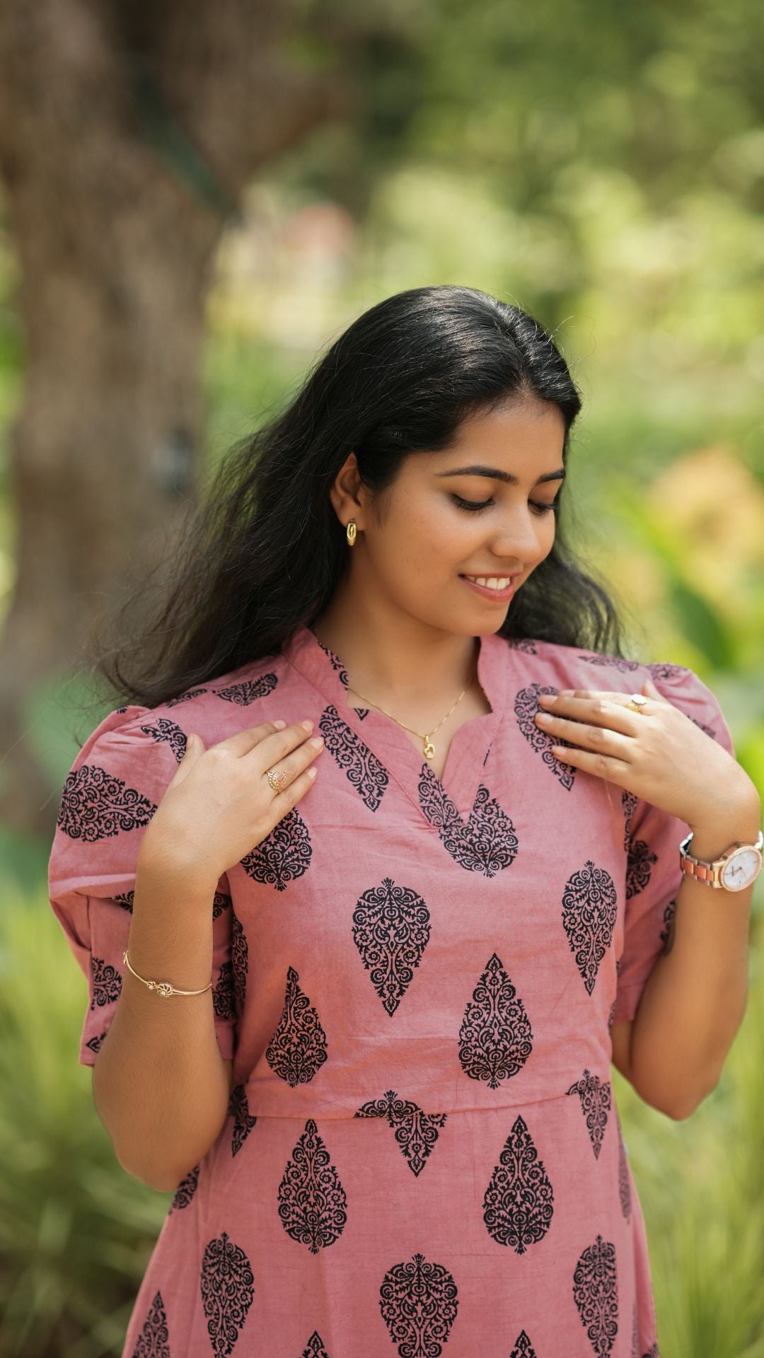 Dusty Pink Bagru Printed Layered Circular Maxi - Full Lining