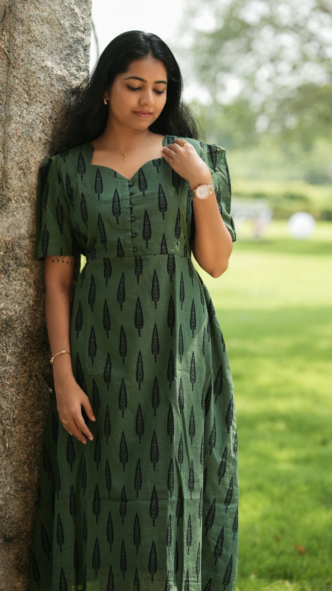 Sage Green Bagru Printed Circular Maxi - Full Lining