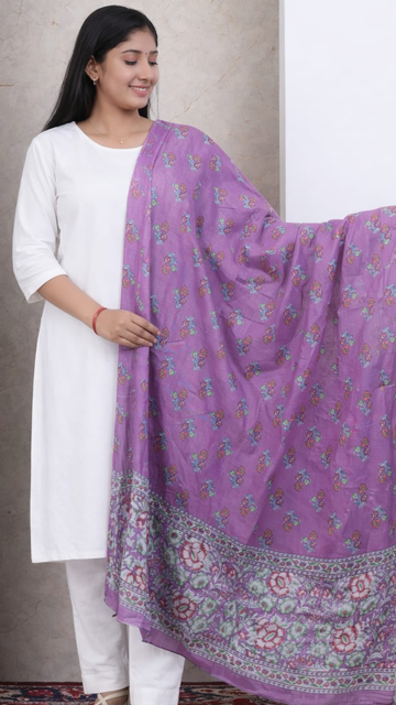 Lavender Cotton Printed Dupatta - 2.3 Mtr