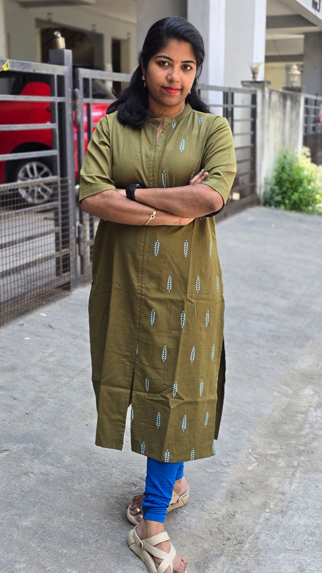 Mehandi Green  Cotton Flex Kurti for Women | Half & Half Printed Straight Kurta with Mandarin Collar