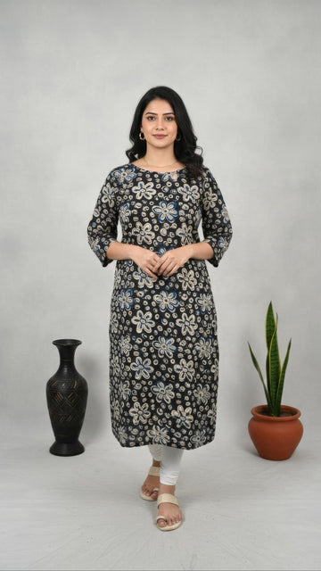 Black Kalamkari  Printed Cotton Side Slit Kurta (Only Kurta)