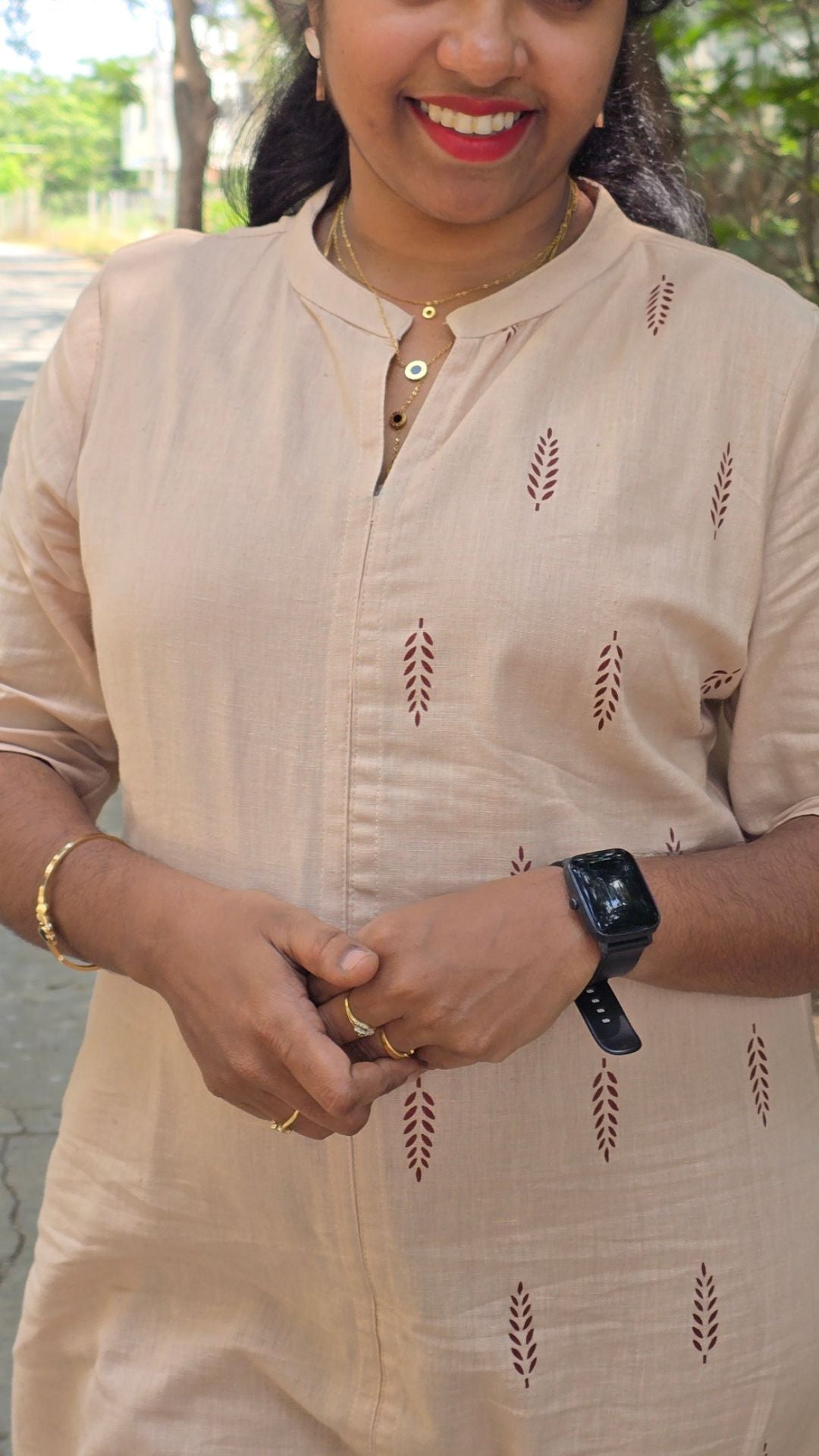 Beige Cotton Flex Kurti for Women | Half & Half Printed Straight Kurta with Mandarin Collar