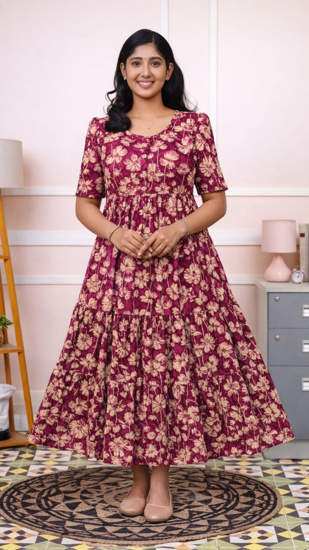 Magenta Hand block Cotton Three Tier Maxi