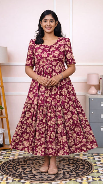 Magenta Hand block Cotton Three Tier Maxi