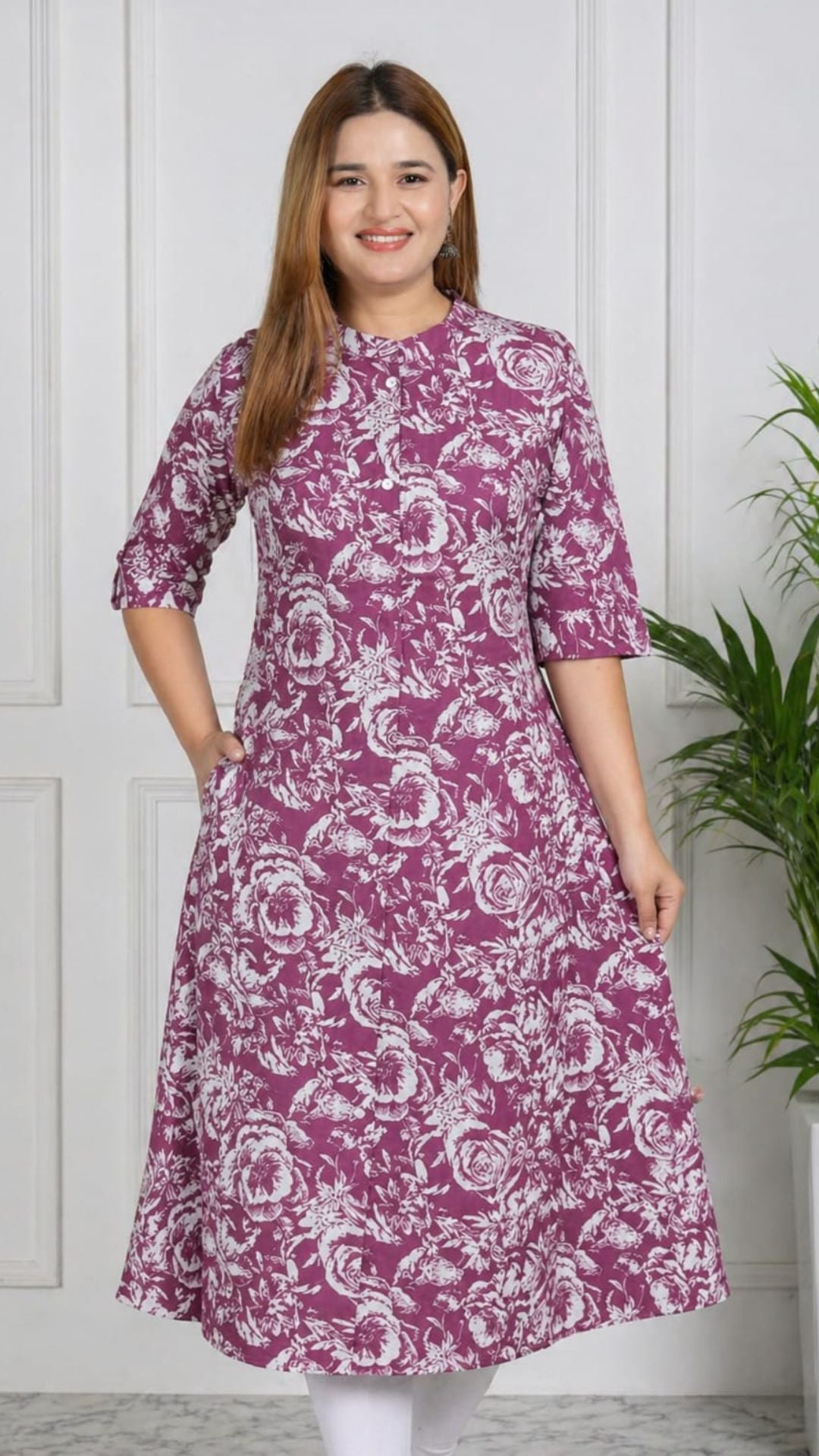 Magenta Printed Cotton Princess Cut Side Closed Kurta  (Only Kurta)