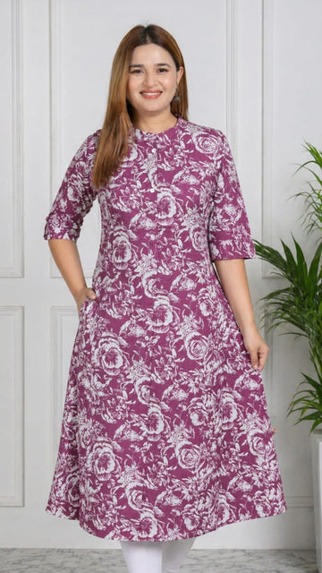 Magenta Printed Cotton Princess Cut Side Closed Kurta  (Only Kurta)