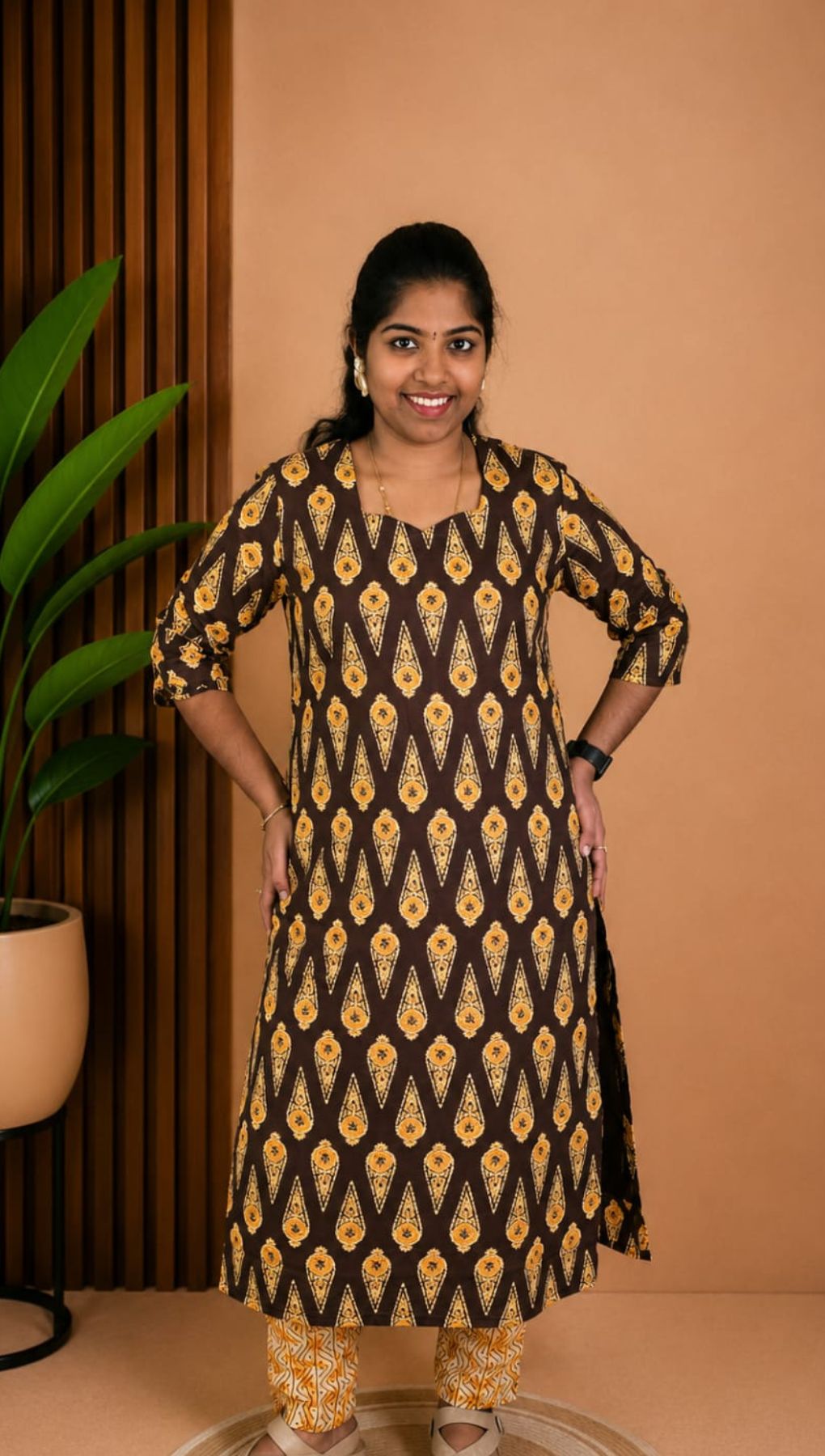 Coffee Brown Soft Printed Cotton 3 Piece Kurta Set With Lining for Women | Office & Daily Wear