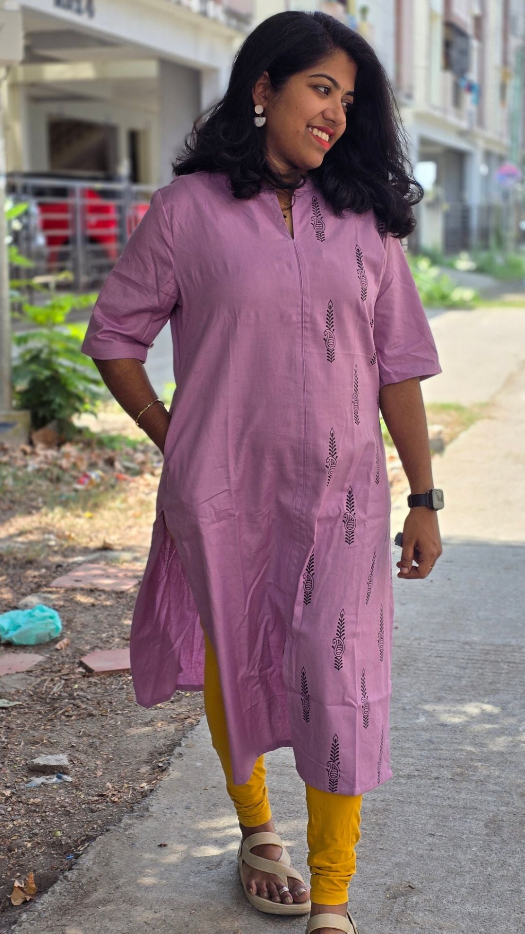 Lavender Cotton Flex Kurti for Women | Half & Half Printed Straight Kurta with Mandarin Collar