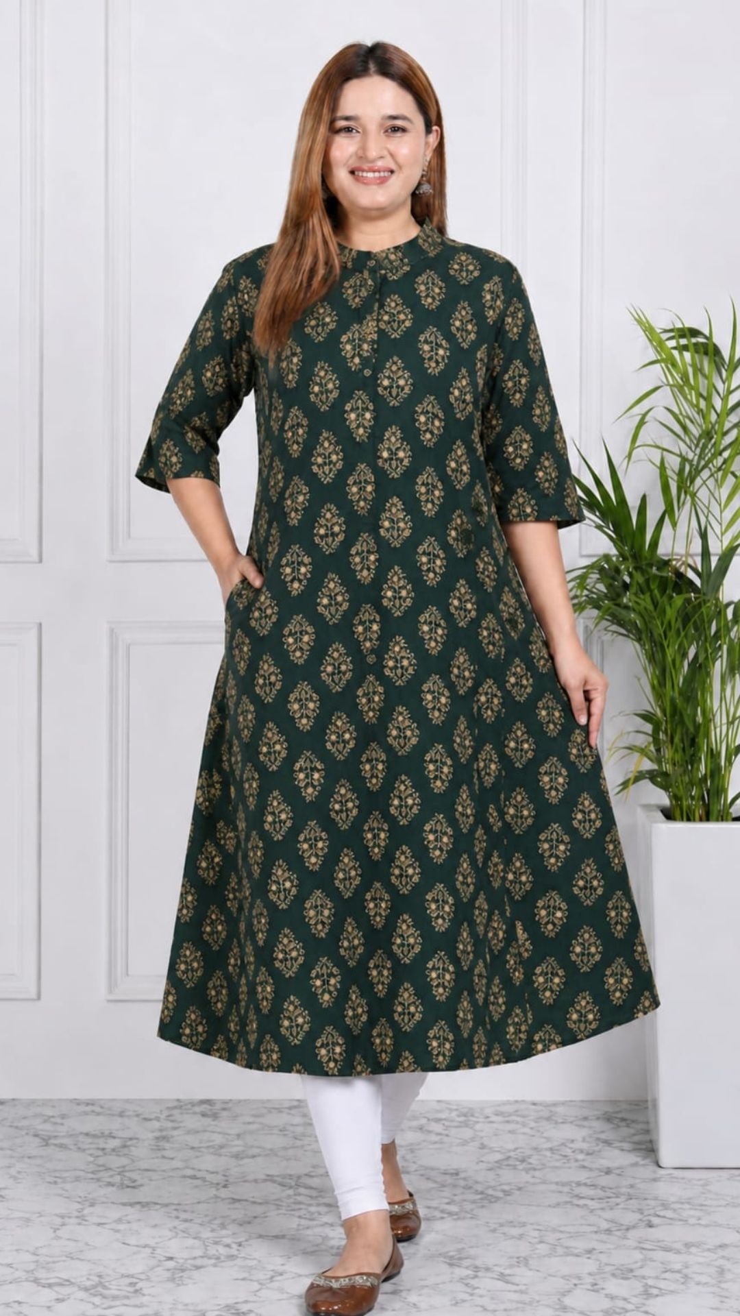Bottle Green Printed Cotton Princess Cut Side Closed Kurta  (Only Kurta)