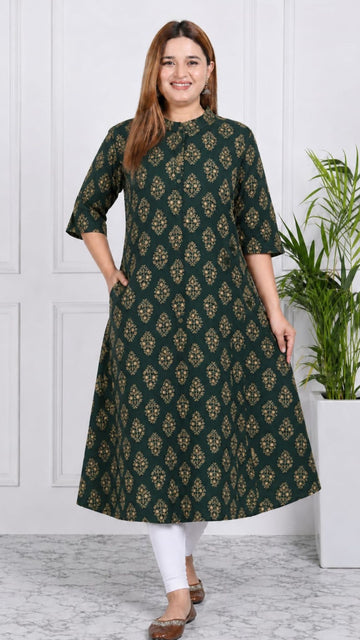 Bottle Green Printed Cotton Princess Cut Side Closed Kurta  (Only Kurta)
