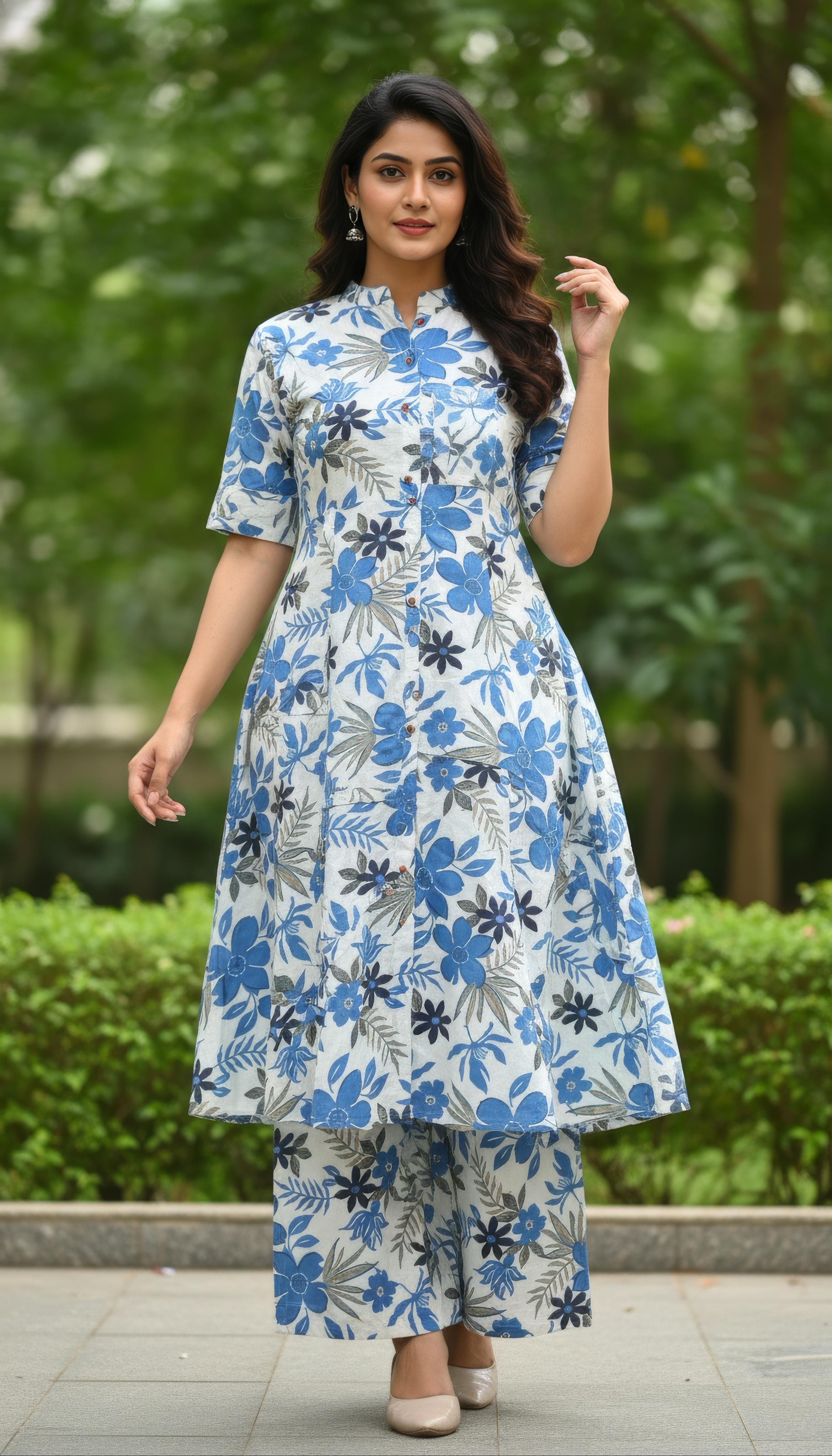 Blue Cotton Flex A-Line Co-Ord Set