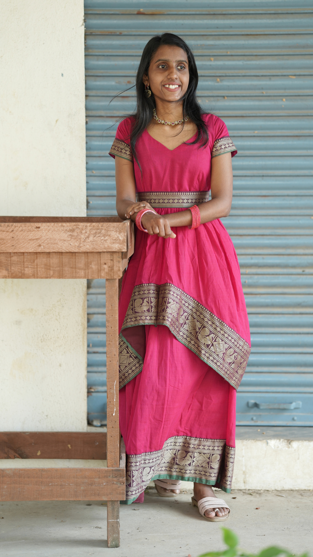 Pinking Red Narayanpet Maxi with Dupatta - Festive Edit