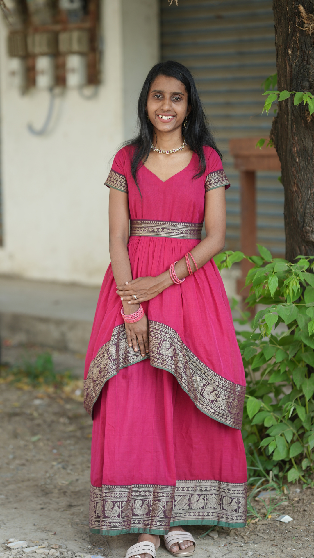 Pinking Red Narayanpet Maxi with Dupatta - Festive Edit