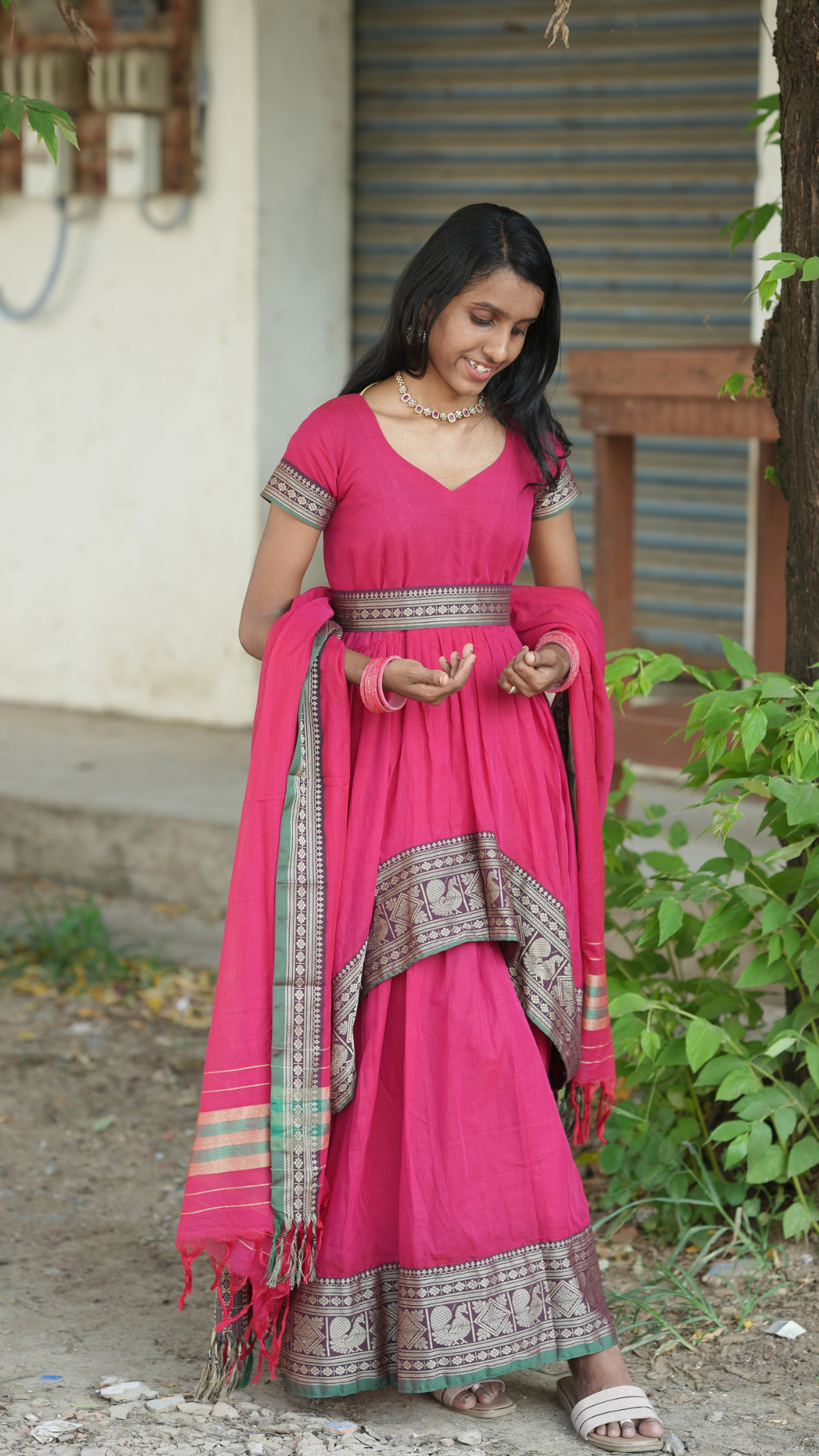 Pinking Red Narayanpet Maxi with Dupatta - Festive Edit