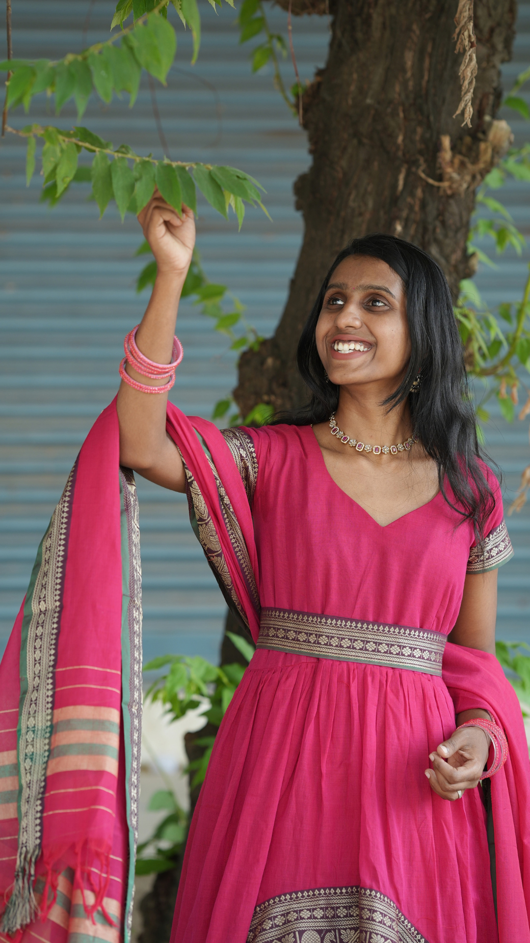 Pinking Red Narayanpet Maxi with Dupatta - Festive Edit