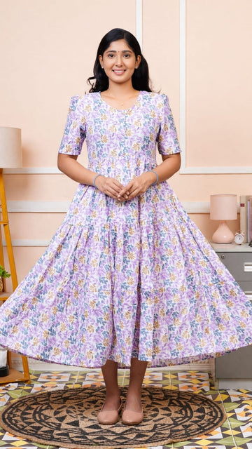 Lavender  Kantha Cotton Three Tier Maxi