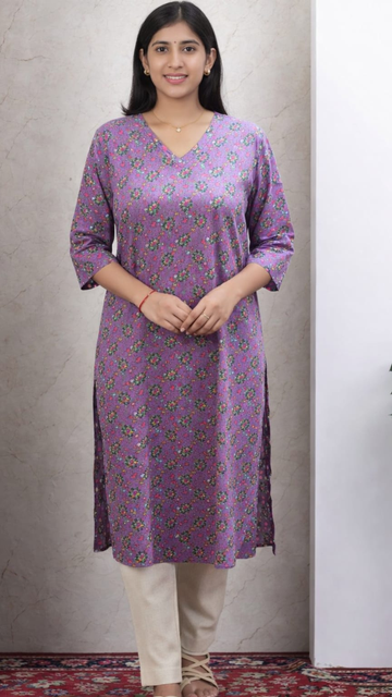 Purple Printed Cotton Side Slit Kurta (Only Kurta)