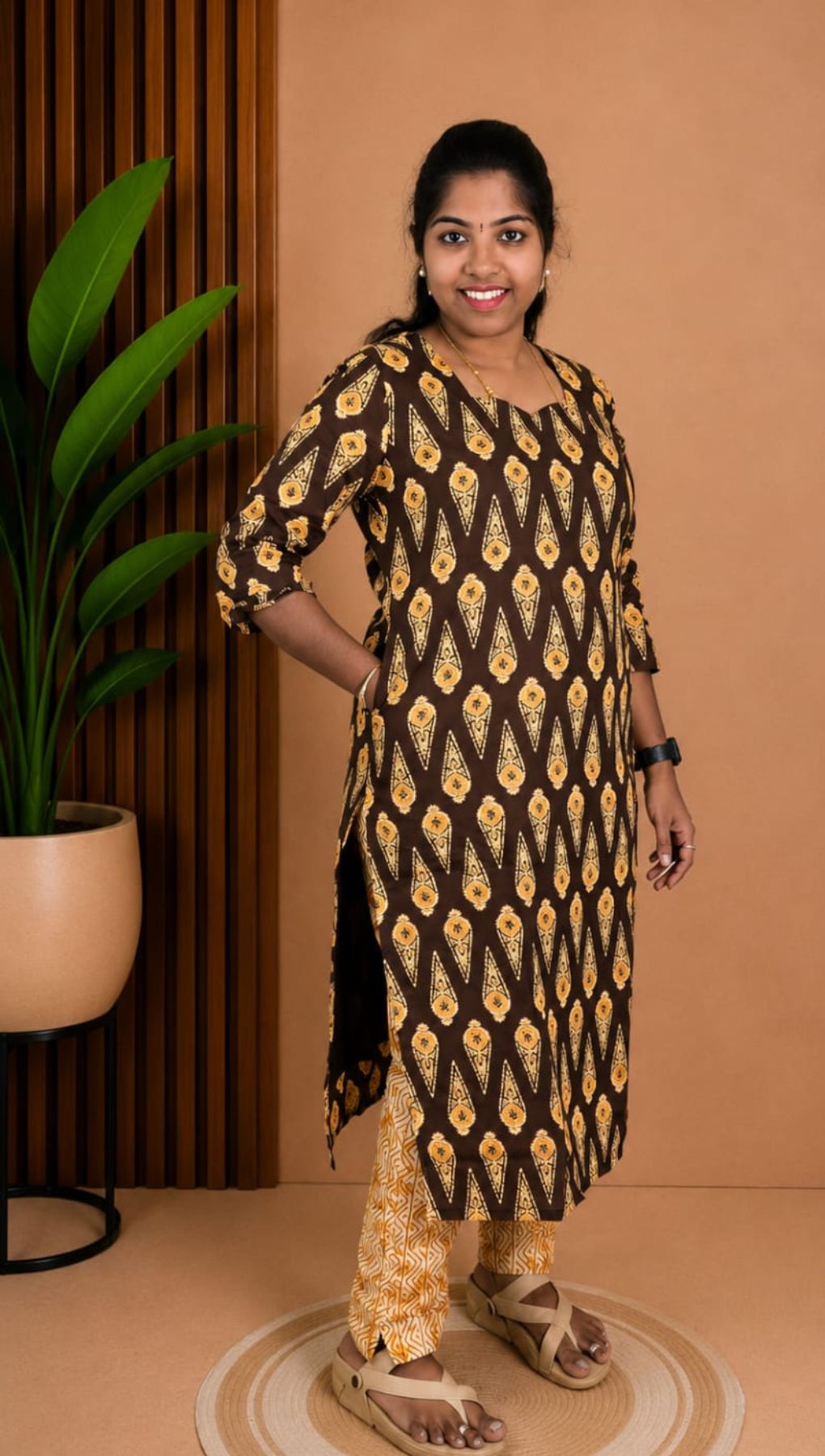 Coffee Brown Soft Printed Cotton 3 Piece Kurta Set With Lining for Women | Office & Daily Wear