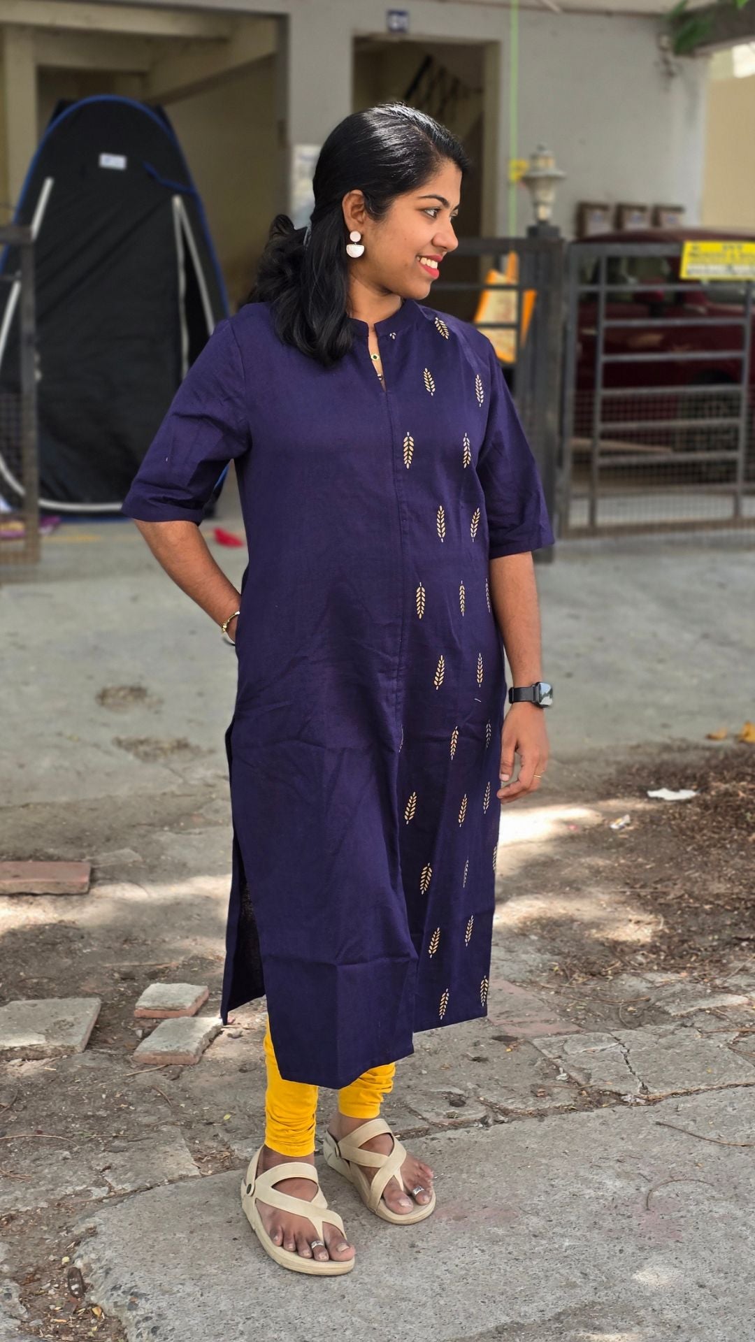 Navy Blue Cotton Flex Kurti for Women | Half & Half Printed Straight Kurta with Mandarin Collar