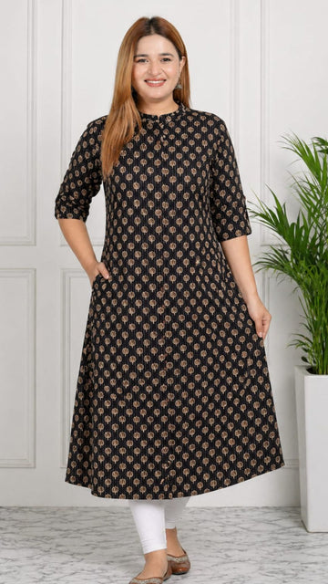 Black Printed Cotton Princess Cut Side Closed Kurta  (Only Kurta)
