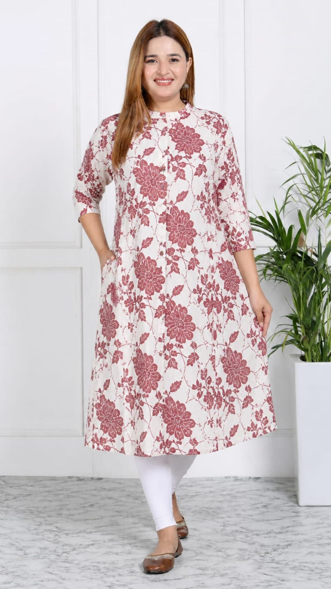 Half White Printed Cotton Princess Cut Side Closed Kurta  (Only Kurta)