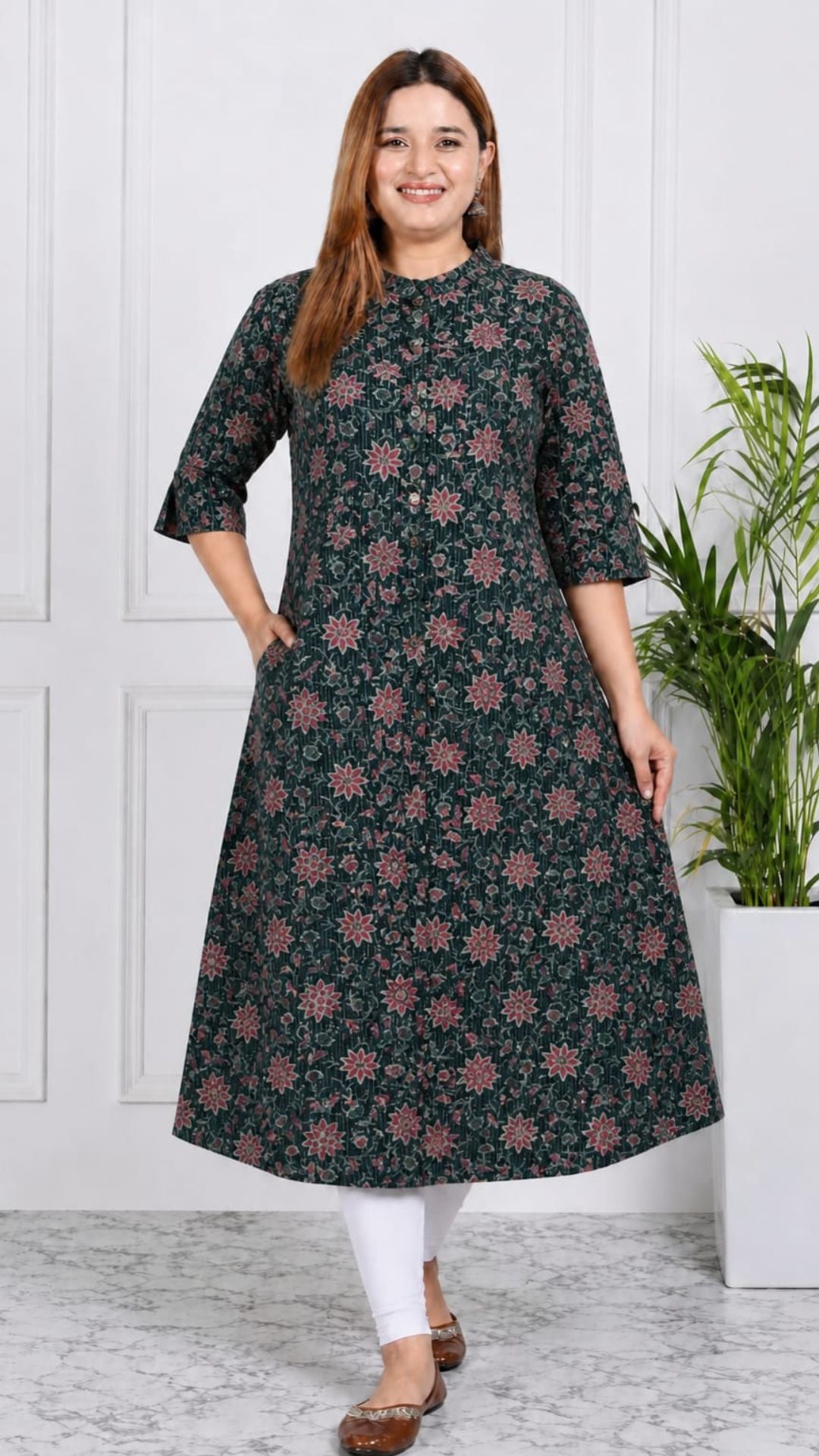 Bottle Green Printed Cotton Princess Cut Side Closed Kurta  (Only Kurta)