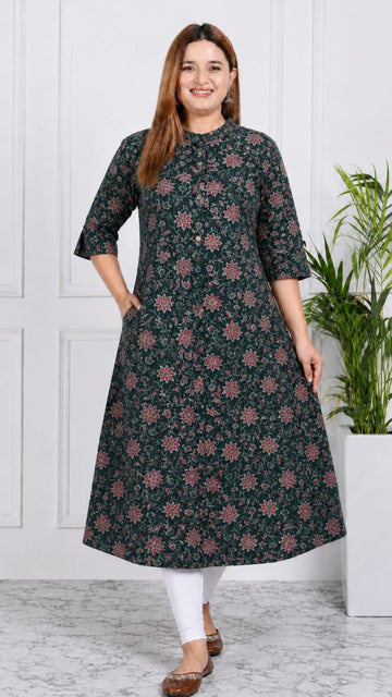 Bottle Green Printed Cotton Princess Cut Side Closed Kurta  (Only Kurta)