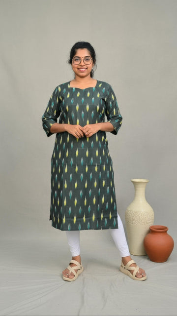 Green Ikkat Cotton Side Slit Kurta (Only Kurta)
