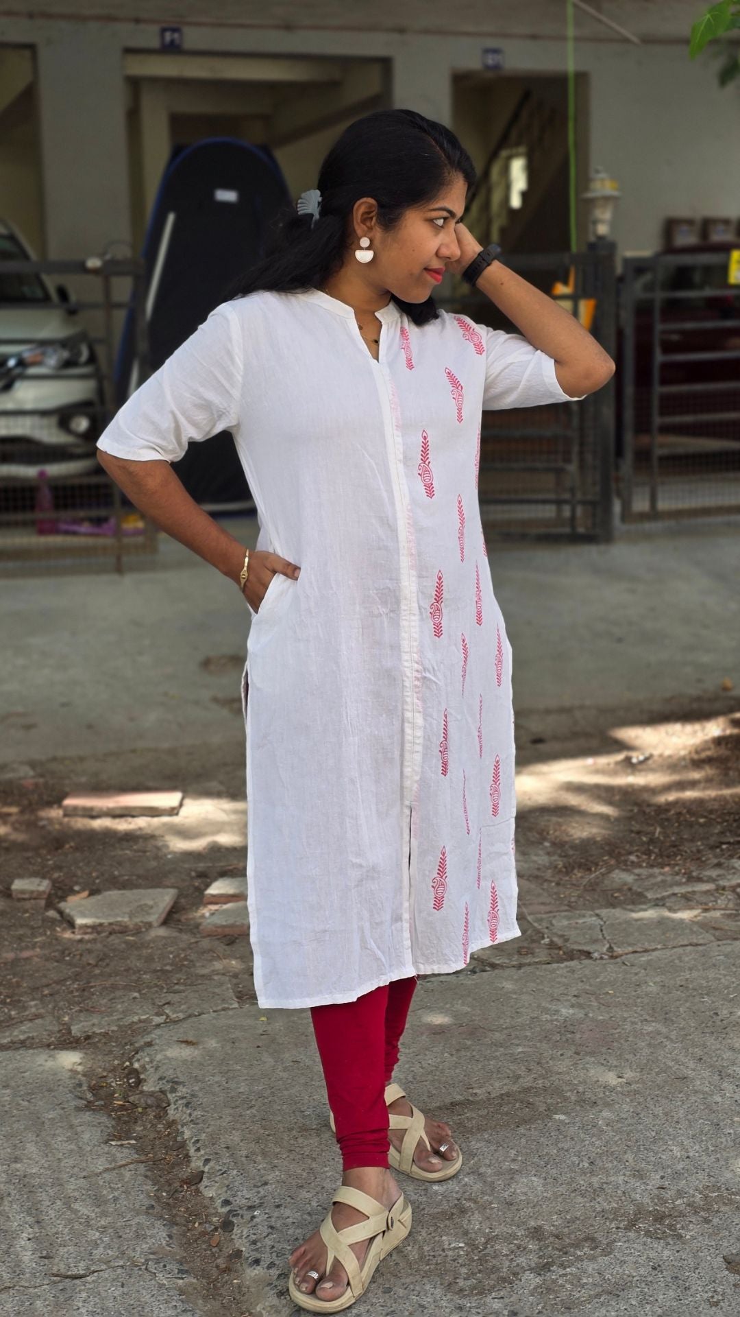 White Cotton Flex Kurti for Women | Half & Half Printed Straight Kurta with Mandarin Collar
