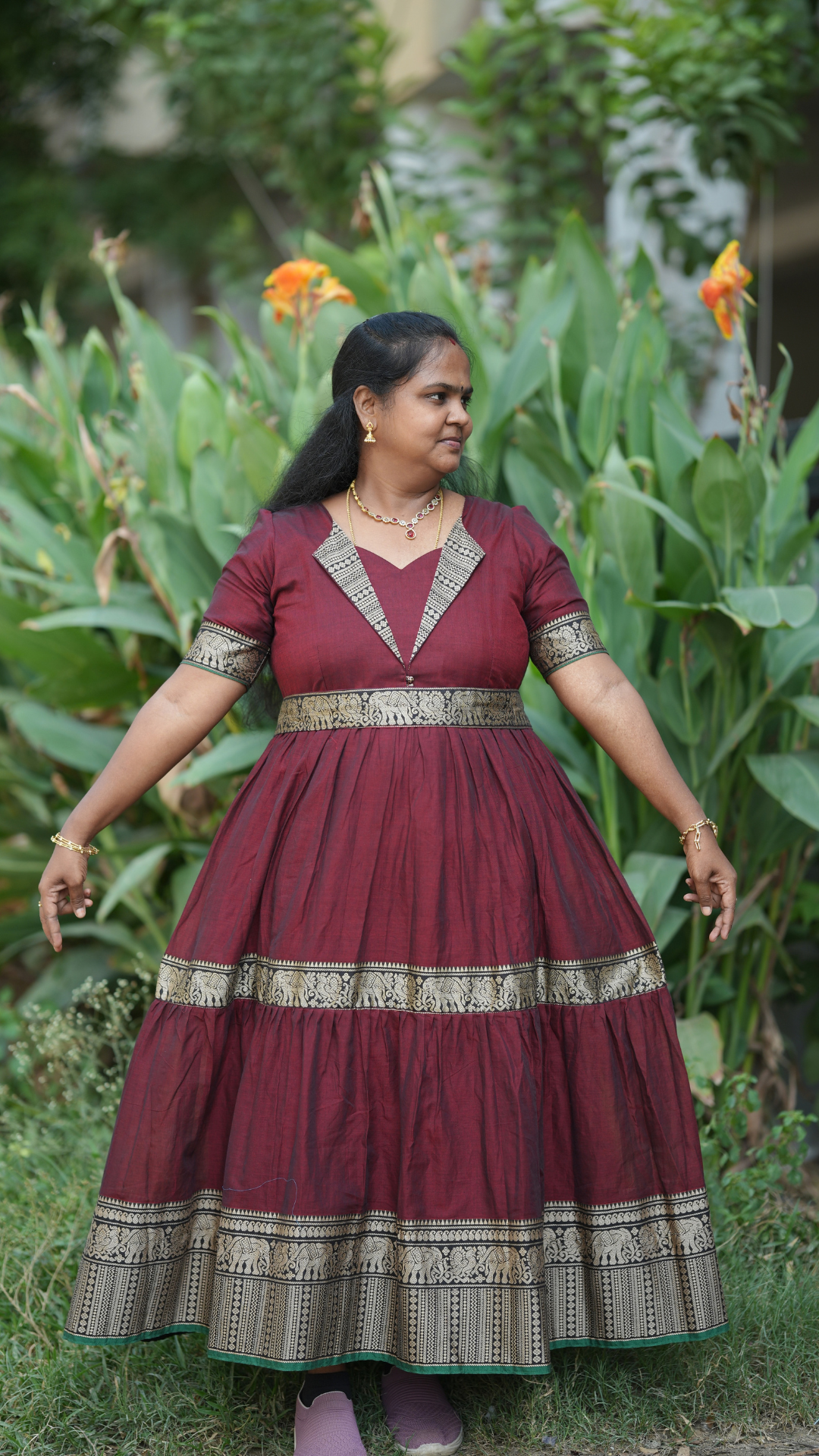 Maroon Narayanpet Maxi with Dupatta - Festive Edit