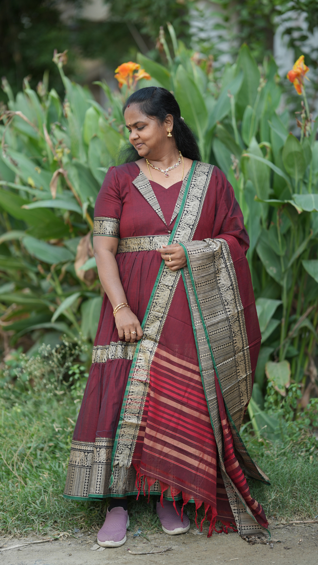 Maroon Narayanpet Maxi with Dupatta - Festive Edit
