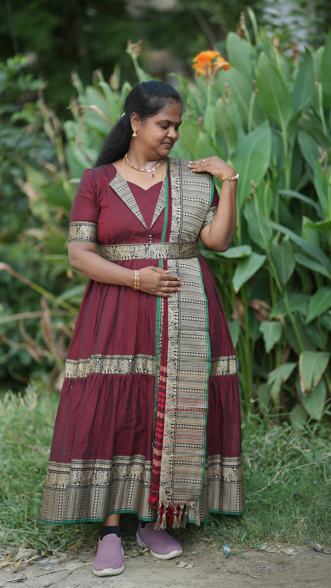 Maroon Narayanpet Maxi with Dupatta - Festive Edit